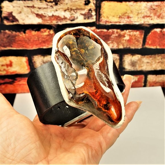 SUPER HUGE AMBER STERLING LEATHER RARE UNISEX BRACELET 9 BY AMBERMODA - Picture 5 of 16